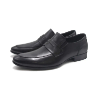 【PQ】男 loafer 藍底光澤圓尖頭樂福皮鞋 男鞋(黑色)