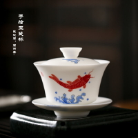 德化白瓷手工羊脂玉瓷大號蓋碗手繪荷花泡茶三才茶碗家用茶葉茶壺