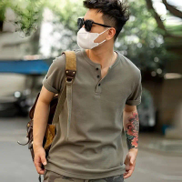 Kemeja-T Lengan Pendek Gaya Amerika Lelaki Vintage Tianzhu Tenunan Waffle Kolar Henry Bergaya V-Neck