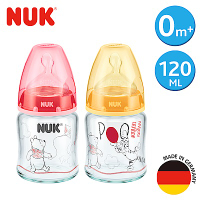 德國NUK-迪士尼寬口玻璃奶瓶120ml-附1號中圓洞矽膠奶嘴0m+(顏色隨機出貨)