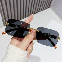 Metal Temples Rimless Cut Edge Sunglasses UV400 Unique Retro Shades Cool Rectangle Sun Glasses Daily Party Holiday Outdoor