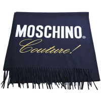MOSCHINO 義大利製大品牌金色刺繡字母LOGO 100%羊毛圍巾(深藍系)