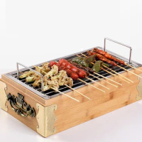 Portable charcoal bbq grills table barbecue grill bamboo box mini grill bar household outdoor stove 033