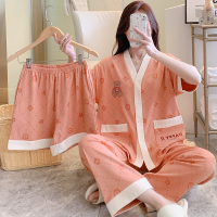 2023ฤดูร้อนใหม่ถักผ้าฝ้ายผู้หญิงแขนสั้นสามชิ้นชุดนอนสตรี Kimono Home เสื้อผ้า M-2XL