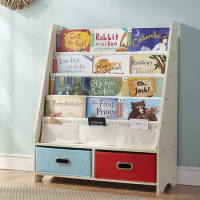 Kids Book Rack, 4 Sling Bookshelf, 2 Storage Boxes and Toys Organizer Shelves, Beige