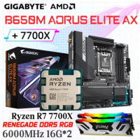 Gigabyte B650M AORUS ELITE AX AM5 Motherboard Combo DDR5 R7 7700X AM5 Processor Kit AMD B650 Mainboard Kingston DDR5 Memory RGB