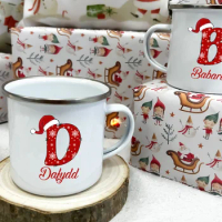Personlized Santa Hat with Name Christmas Enamel Cups Hot Cocoa Chocolate Mug Drink Jiuce Handle Mugs Xmas Gifts for Kids