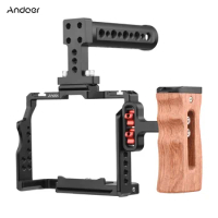 Andoer Camera Video Cage +Top Handle + Side Wooden Grip Kit Aluminum Alloy with Dual Cold Shoe Mounts for Sony A7IV/ A7III/ A7II