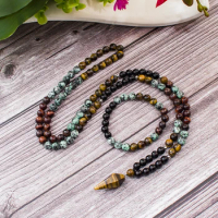 8mm Black Onyx African Turquoise Beads 108 Mala Necklace Meditation Yoga Prayer Japamala Set with Tiger Eye Pendant Jewelry