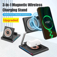 Foldable RGB Light Magnetic Wireless Charger Stand Pad For iPhone 15 14 13 Apple Watch Airpods 3 In 1 Fast Charging Dock Station