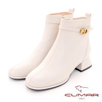 【CUMAR】皮帶扣環粗跟短靴-米白