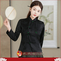 新中式女裝國風改良長袖上衣女設計感小眾盤扣唐裝別致優雅旗袍外套-月照花間(黑色)-水水女人國