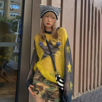 YOZOU 2022 Yellow Thin Pentagram See Through Knitted Pullovers Sweater Oversize Women Loose Tops Grunge Young Girl Streetwear