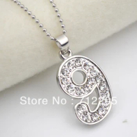 5pcs a lot rhodium plating with Crystal number "9" Digital pendant necklaces (A009)