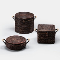 越南藤編收納箱復古風鐵藝有蓋方形圓形茶具收納筐普洱茶盒存茶箱