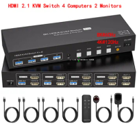 8K@60Hz Dual Monitor HDMI 2.1 KVM Switch 4 Computers 2 Monitors 4K@120Hz 4 Port KVM Switches for 4 PC Share 4 USB 3.0 Devices