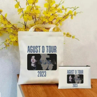 2pcs Agust D TOUR Tote Bag Set, Fashion Canvas Shoulder Bag with Makeup Bag, Portable Shopping Bag