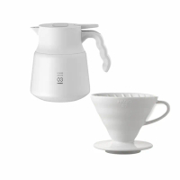 【HARIO】純白系列 V60白色02磁石濾杯 + V60不鏽鋼保溫咖啡壺白PLUS 800(手沖咖啡)