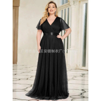 Cross-Border Plus Size Women's Fashion High Waist Simple Elegant V-Neck Mesh Dress Gown European and