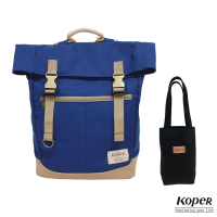 【KOPER】不平帆-復古雙釦後背包 深海藍 + 飲料袋 經典黑 帆布組合(MIT台灣製造)