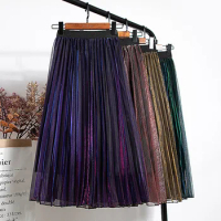 Flash Bright Yarn Mesh Skirt for Women 2022 New Mid-Length High Waist Slim Fairy Gradient Color Long Pleated Skirt