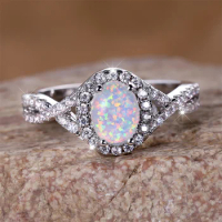 White Fire Opal Engagement Cute Oval Stone Infinity Rings For Women Vintage Fashion Silver Color Jewelry Wedding Bands Gift