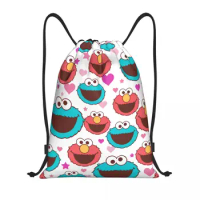 Custom Sesame Street Peace Love Drawstring Backpack Bags Women Men Lightweight Elmo Cookie Monster Gym Sports Sackpack Sacks