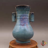 古玩收藏 宋鈞窯 窯變藍釉一點紅貫耳尊 花瓶 古董仿古陶瓷器擺件