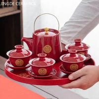 Boutique Chinese Tea Sets Red Ceramic Gaiwan Teapot Tea Tray Suit Wedding Tea Set Supplies Customized High Grade Teaware Gifts