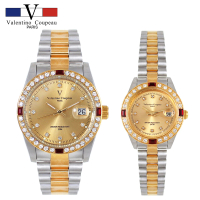 【Valentino Coupeau】四方紅鑽內白鑽金銀不鏽鋼殼帶手錶-e(范倫鐵諾 古柏 VCC)