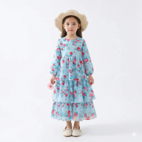 Mylilangelz ML9021 Kids Muslimah Jubah Floral Prints Red Peony Tiered Dress