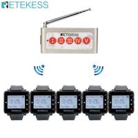 Retekess T128 5pcs Watch Receiver+TD005 Five Keys Call Button Wireless Calling System Wireless Pager Restaurant Equipment Cafe
