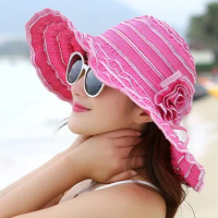 Fashion Women Hat Flower Packable Large Wide Brim Hat Anti-UV Adjustable Ladies Beach Sun Hat