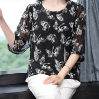 BirdTree, 100%Real Silk Fashion T-Shirt, Women's Half Sleeve Swan Print, Oversize Mom Elegant Tee, 2024 Summer New Top T444140QM