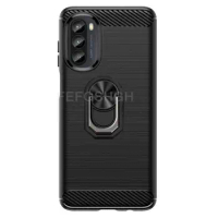 Capa For Motorola Moto G52 G82 5G G71s 6.6" XT2221-1 XT2225-1 Brushed Carbon Fiber Soft Silicone Case Magnetic Ring Stand Cover
