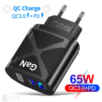 65W GaN Charger 2 Ports QC 3.0 Fast Charger Power Adapter for iPhone 13 Pro