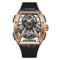 BONEST GATTI Men Luxury Watch Tonneau Automatic Mechanical Wristwatch Carbon Fiber Sapphire Skeleton Luminous Fluororubber Strap