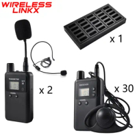 Wireless Whisper Tour Guide System 2 Transmitter with 4 Microphones, 30 Receivers with 30 Earphones, 1 Charger for 25 Receivers