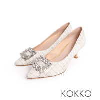 KOKKO高級小香風方形鑲鑽飾釦毛呢高跟鞋米色