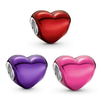 Original Colours Metallic Purple Heart Beads Charm Fit Pan Women 925 Sterling Silver Bracelet Bangle Jewelry