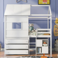 Modern design double decker loft bed, children's upper and lower bunks, with retractable desk and storage drawers, single bed