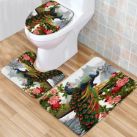 Set of 3 Peacock Bathroom Rugs Peony Flowers Birds Colorful Feathers Low Pile Memory Foam Bath Mat Toilet Cover U-Shaped Carpet