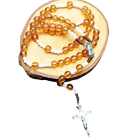 Rosario Akrilik Coklat Muda/Souvenir Rosario Kalung Tali Kayu souvenir logam anti karat
