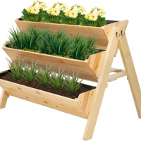 3-Tiers Vertical Raised Garden Bed, Wooden Elevated Planter Boxes, Plant Stand w/ Side Hooks &amp; Storage Clapboard, Drainage Holes