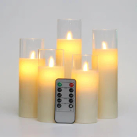 Flameless Candles Set of 5 (D 2.2" x H 5" 5.5" 6" 7" 8") Glass Real Wax Pillars Moving Flame Wick LED Candles and 10-Key Remote