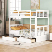 Wood Bunk Bed with Drawers,Convertible Wood Bunk Bed with Ladders and Two Storage Drawers,Solid Wood