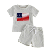Boys 4th of July Outfits Flag Embroidery Waffle T-Shirt and Shorts