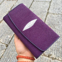 Authentic Stingray Skin Lady Long Purple Trifold Card Wallet Genuine Leather Women's Large Phone Clutch Purse Female Money Bag