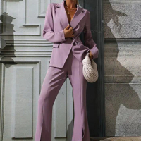 Tesco 2 Women's Suit Slim Fit Peak Lapel For Formal Occasion Suit Business Office Lady Suit Long Sleeved Split Pants