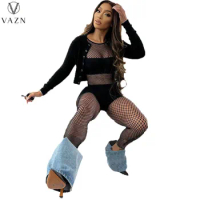 VAZN 2023 New Luxury Designer Young Sexy See Through Lace Open Full Sleeve Bodysuit + Long Pencil Pants Skinny For 2 Piece Women
